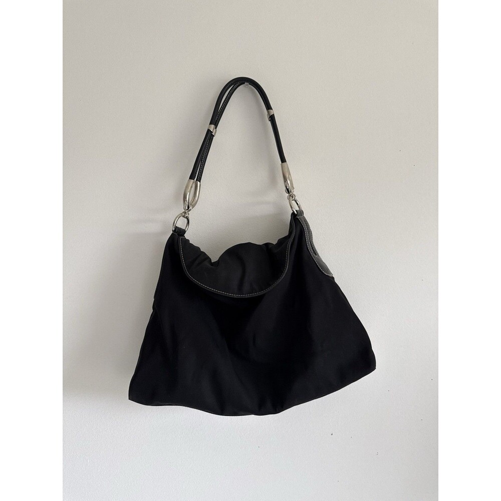 ✿ Hogan Italy Black Shoulder Bag Nylon Leather Strap Silver Hardware Purse